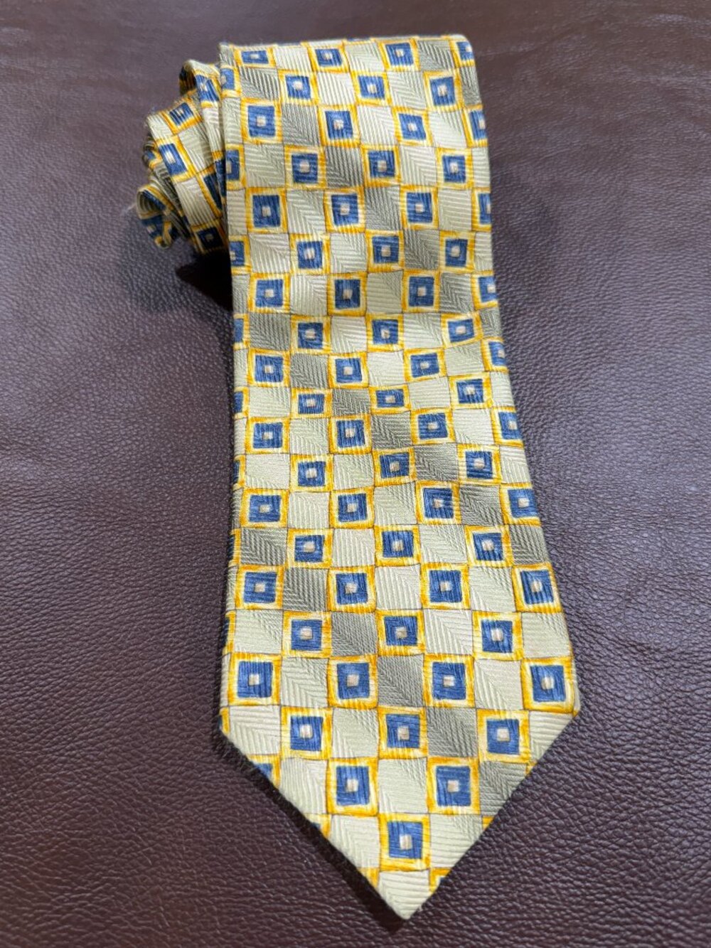 Ermenegildo Zegna Silk Tie Yellow Blue Geometric Square Check Necktie Italy